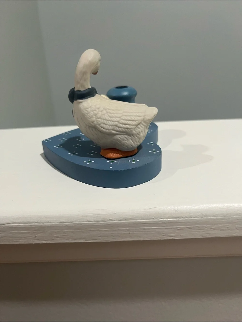 Cottagecore 1988 candle holder goose with bow Blue Heart Duck Figurine with Bow